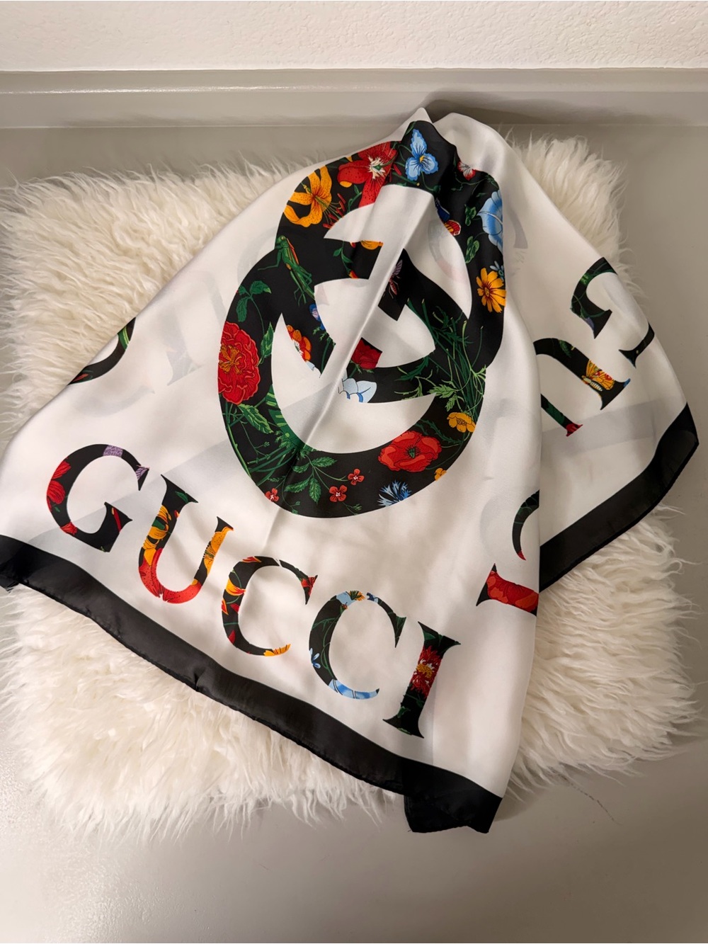 White Silk Scarf with Black Trim and Floral Logo